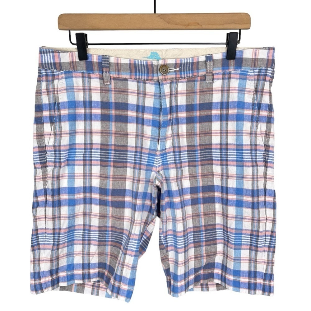 Tommy Bahama Short Mens 33 x 9.5" Coastal Pier Plaid Linen Cotton Stretch Blue